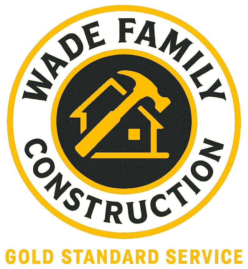 Logo for Wade Family Construction: yellow and black circular emblem with house, hammer, and "Gold Standard Service" text.
