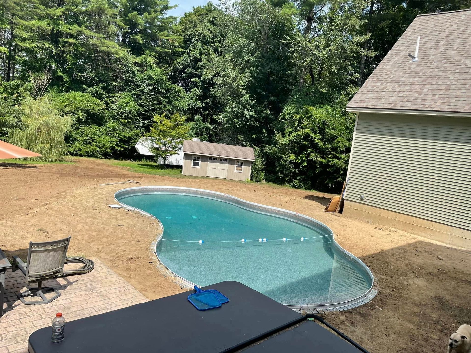 Swimming pool surrounded by dirt and landscaping. House and trees in the background. Sunny day.