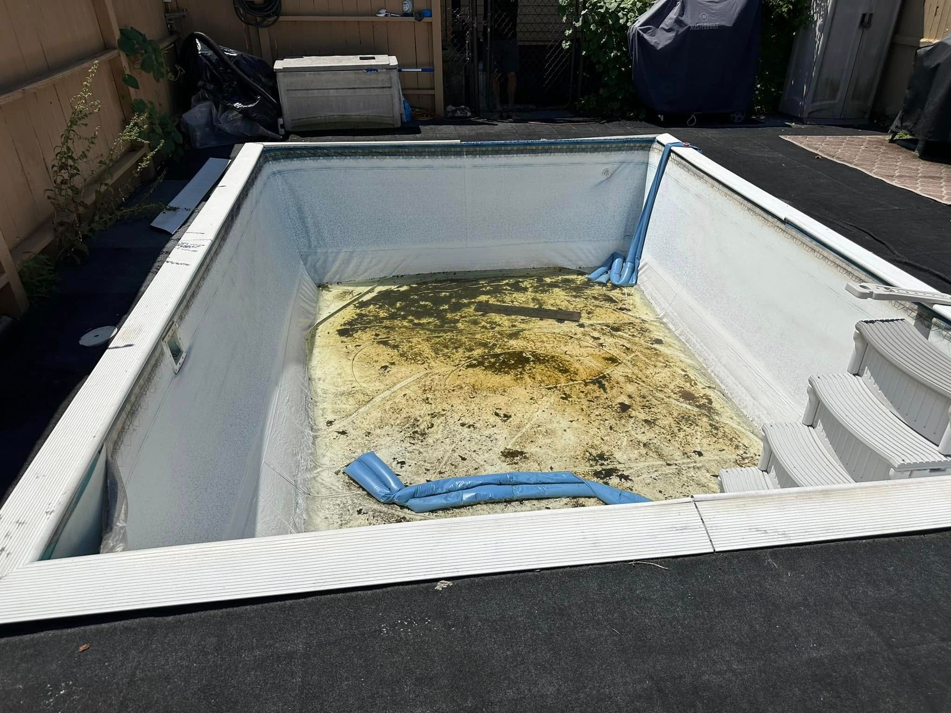 Empty rectangular pool with dirty interior, blue pool noodle, white steps, and white trim.