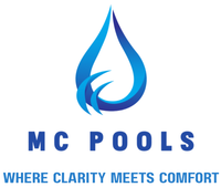 Logo: Dump truck and excavator removing dirt; mountains in background. "MC POOLS" text.