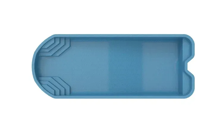 Overhead view of a blue rectangular swimming pool with built-in stairs on one end and a cutout on the other.