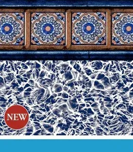 Pool liner with blue tile border and water pattern.