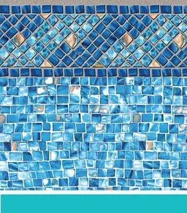 Pool tile design: blue and teal mosaic tiles, diamond pattern border with gold accents.