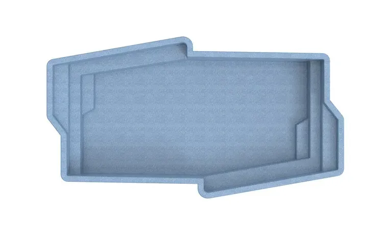 Top-down view of a light blue rectangular swimming pool with built-in steps on two sides.