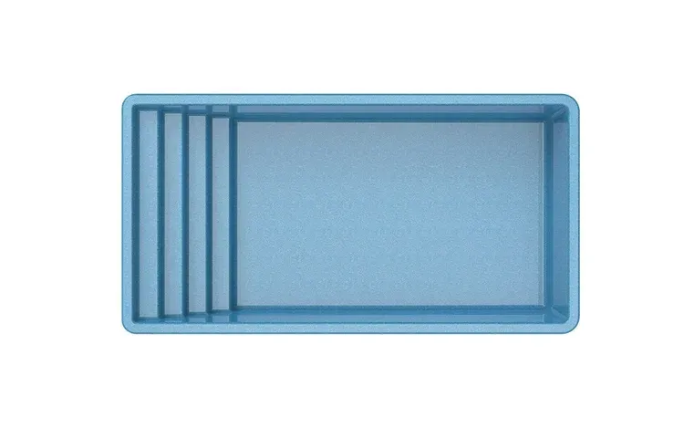 Blue rectangular swimming pool with built-in stairs on the left side.