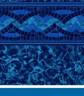 Blue pool liner with mosaic tile border and water pattern.