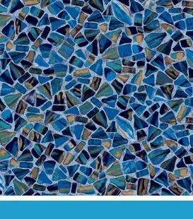 Mosaic tile pool liner with blue and tan pieces.