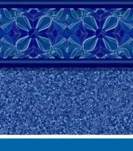 Blue mosaic tile pool border with floral design.
