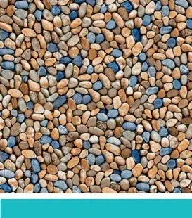 Close-up of a surface covered in small, rounded pebbles in shades of brown, beige, and blue.