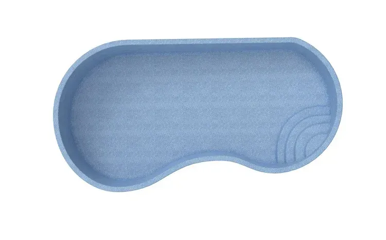 Blue kidney-shaped swimming pool with built-in steps on a white background.