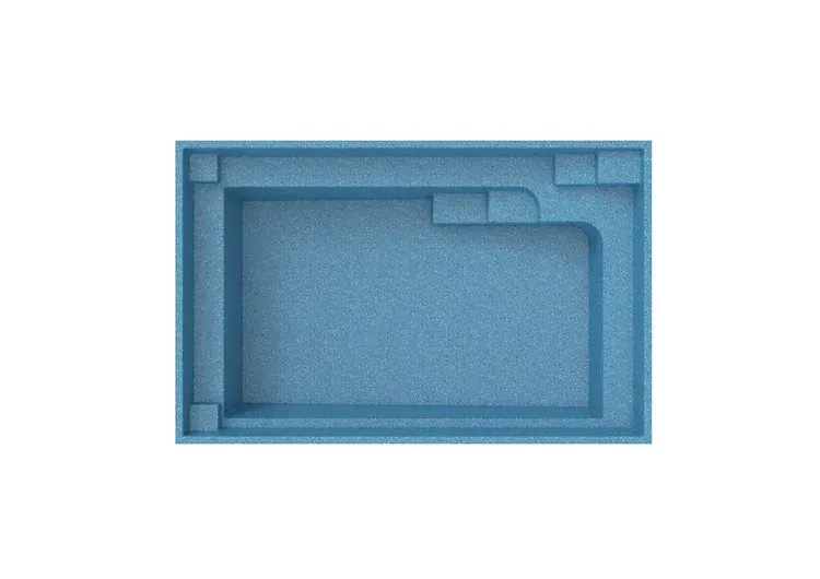 Top-down view of a rectangular blue swimming pool with a corner step and seating area.
