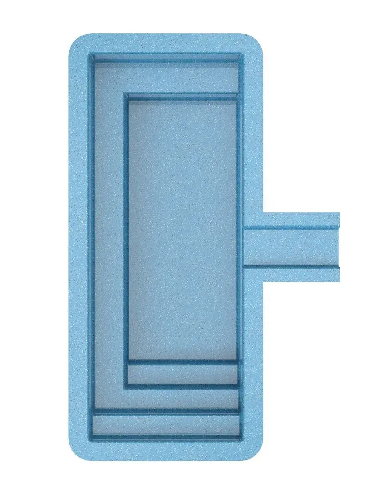 Blue rectangular swimming pool design with attached rectangular seating area and steps.