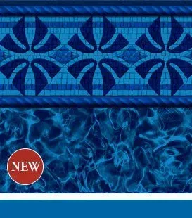 Blue pool liner with decorative mosaic border and water pattern.