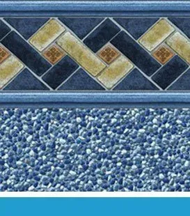 Pool liner with blue pebble-like pattern and decorative tile border with geometric shapes in gold, brown, and navy.
