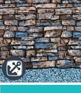 Pool liner with a stone wall pattern, blue water line, and a turquoise bottom.