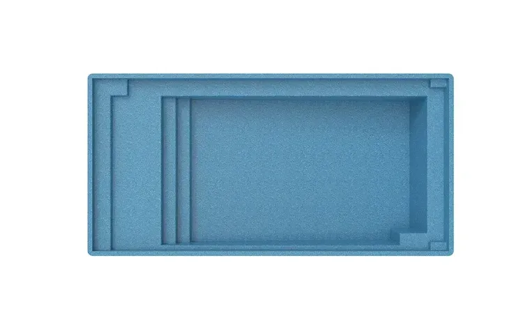Top-down view of a rectangular blue swimming pool with steps on the side and a shallow end.