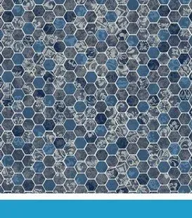 Hexagonal blue and gray mosaic tile pattern.