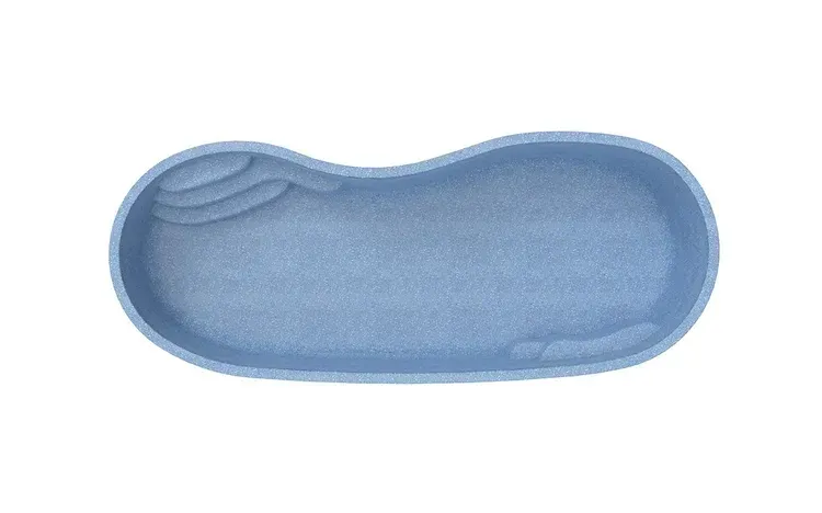 Blue kidney-shaped swimming pool with built-in steps at one end.