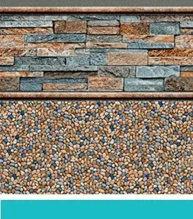 Pool wall with stone-like brick upper section and pebble-like mosaic lower section.