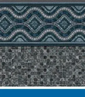 Pool liner with a wavy mosaic border above a square tile pattern. Blue, gray, and white colors are present.