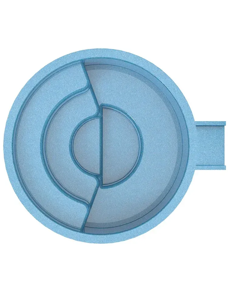 Blue pool with circular and semicircular sections, a connecting rectangular channel.