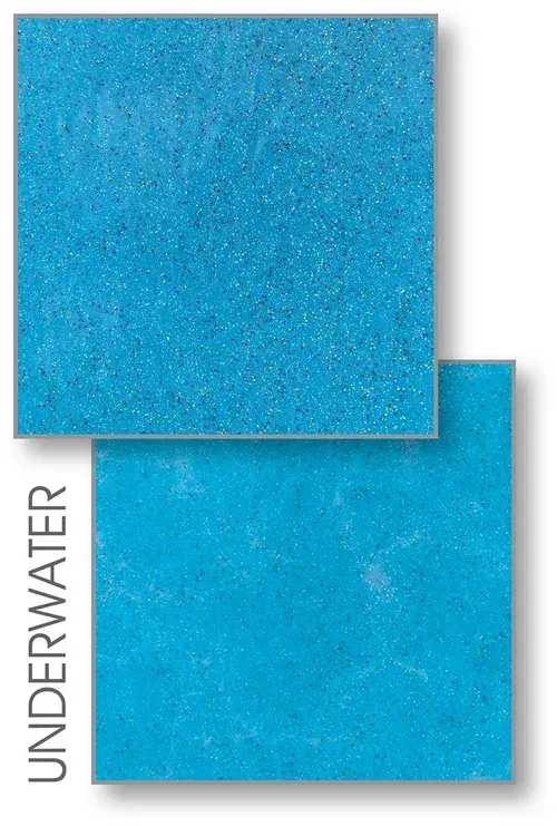 Two blue square tiles, one atop the other, labeled “UNDERWATER.” Top tile is textured, bottom tile is smoother.