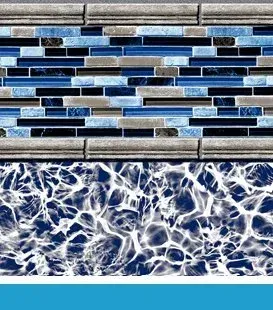 Pool liner design: blue water pattern, mosaic tile border, and a decorative coping.