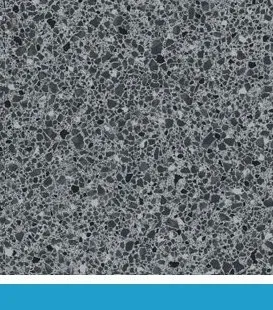 Gray terrazzo surface with various sized aggregate.