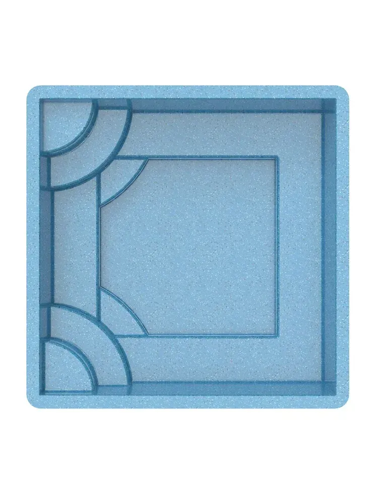 Blue, square-shaped, tiered pool with rounded corners on one side.