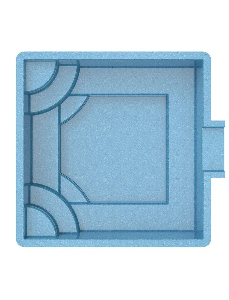 Overhead view of a light blue, square-shaped swimming pool with a rectangular inner section and curved corners.