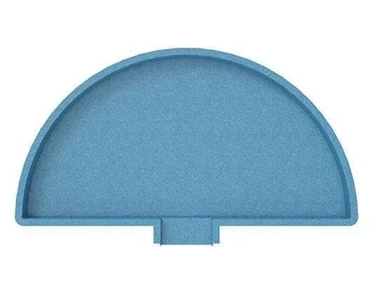 Blue, semi-circular plastic tray with a rectangular notch at the flat base.