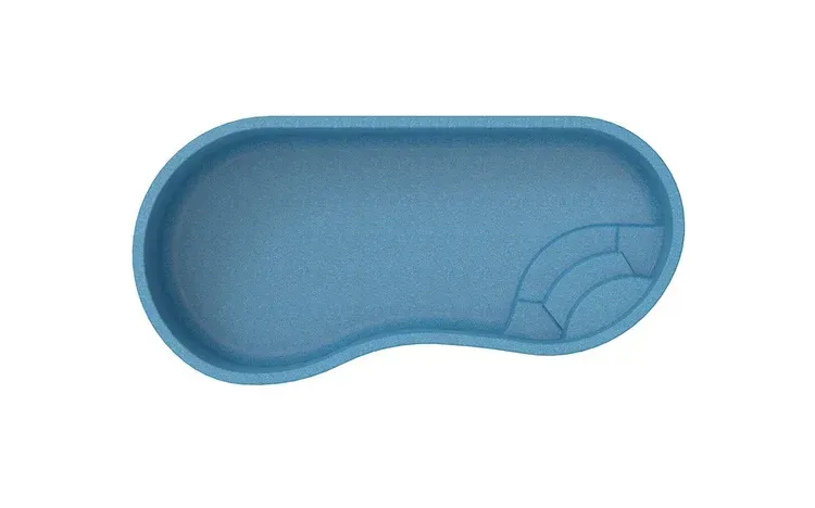Blue, kidney-shaped swimming pool with built-in steps at one end; viewed from above.