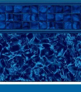 Blue pool liner with tile border and water pattern.