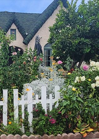 White picket fence before a lush flower garden and cottage with dark roof, statue, and blooming roses