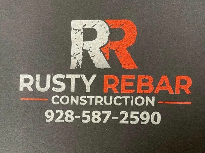 A rusty rebar construction logo with a phone number