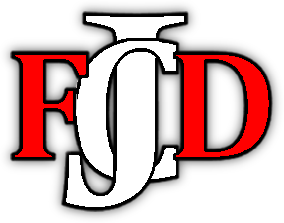 A red and white fcd logo on a white background