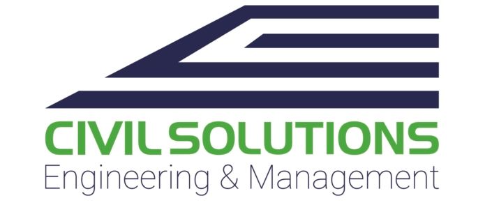 The logo for civil solutions engineering and management is blue and green.