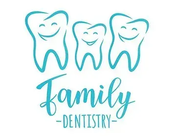 A logo for a family dentistry with three teeth smiling.