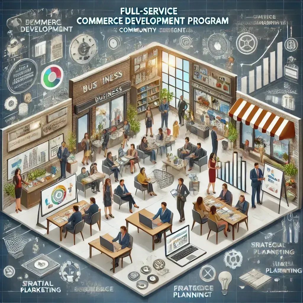 An isometric illustration of a full service commerce development program.