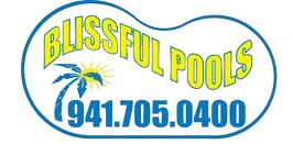 A blue and yellow logo for blissful pools