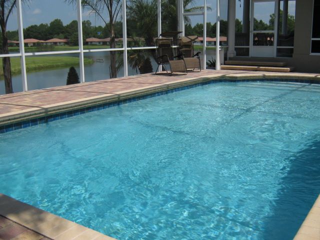 A large swimming pool is surrounded by a screened in porch