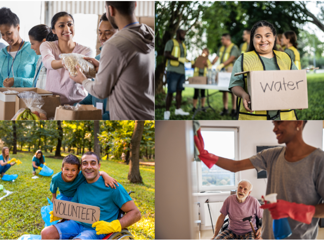 A collage of photos of people volunteering for charity.