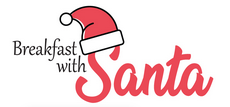 A logo for breakfast with santa with a santa hat on it.