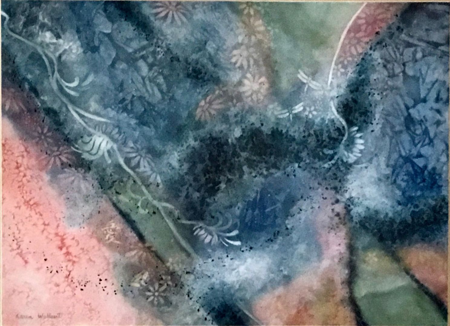 Abstract watercolor painting; blue and coral tones with floral and organic patterns.