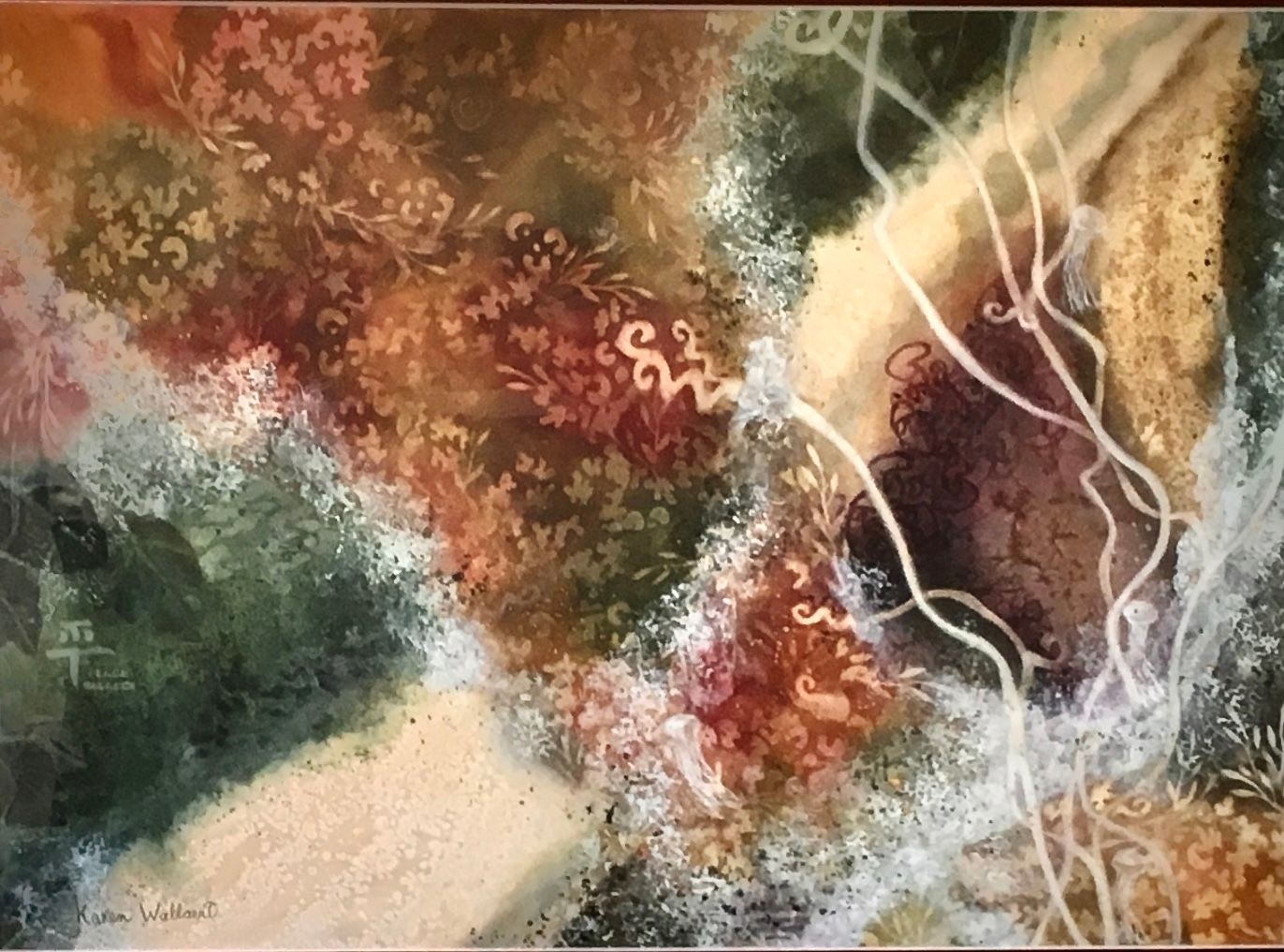 Abstract painting with swirling colors: greens, browns, white, and hints of red.