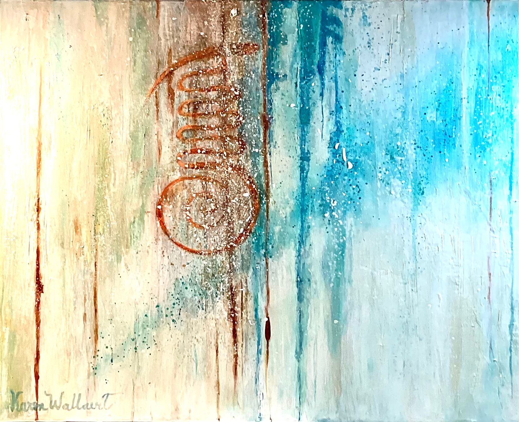 Abstract painting. Brown, teal, and white vertical stripes with a copper-colored spiral design.