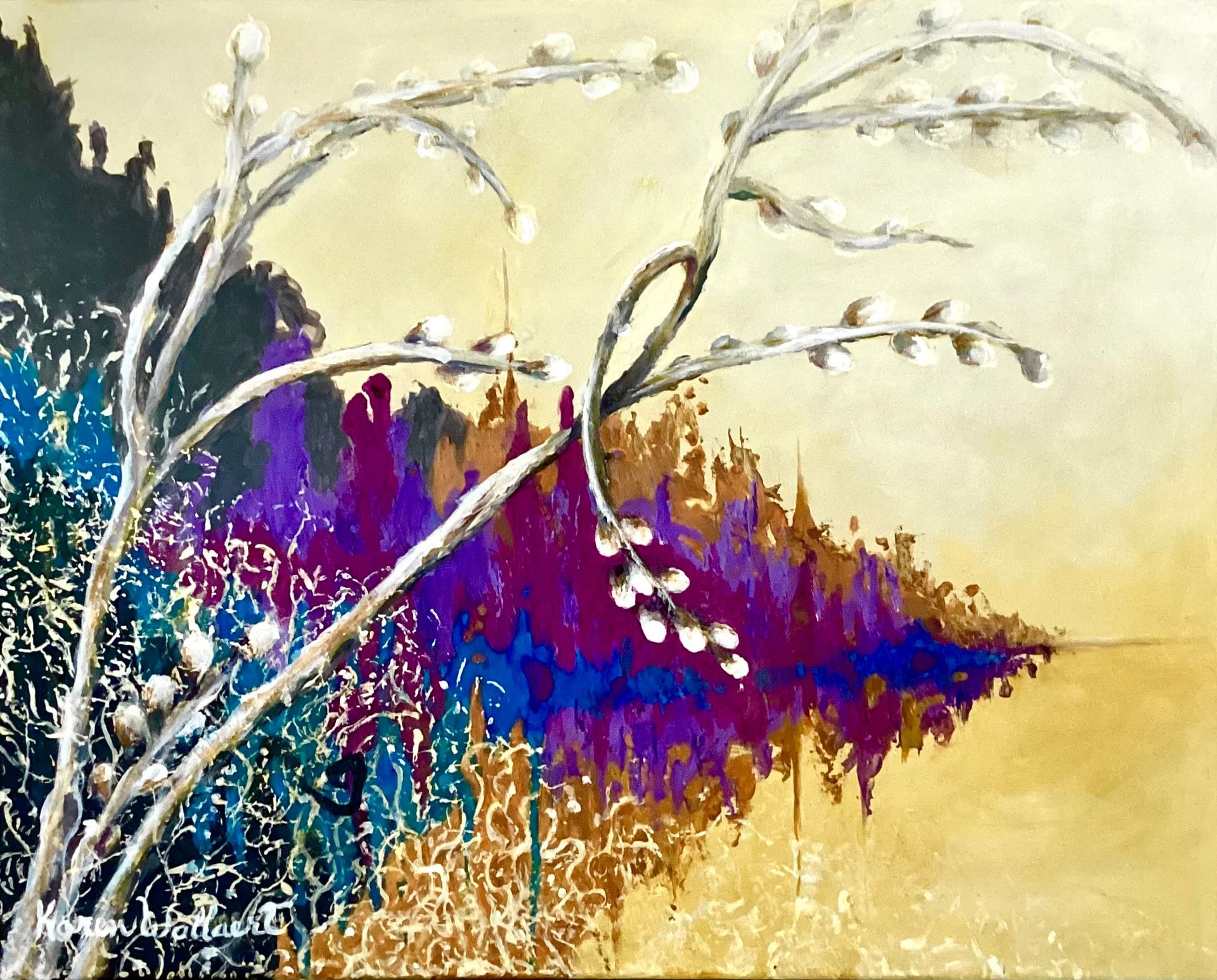 Abstract painting of branches with white buds, purple and blue landscape, and a light tan background.