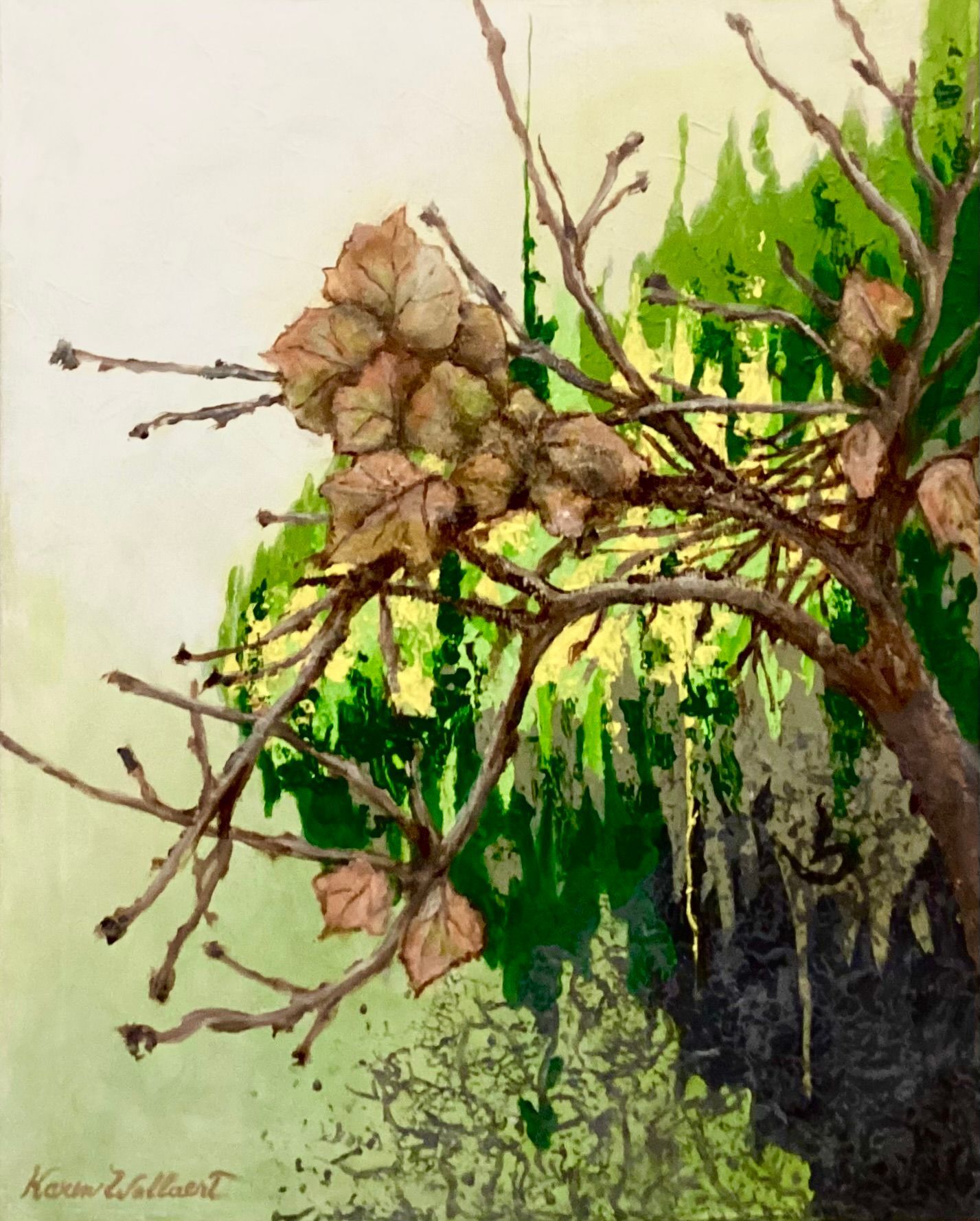 Brown-leaved branches reach across a green and yellow textured background. Light green washes the upper part.