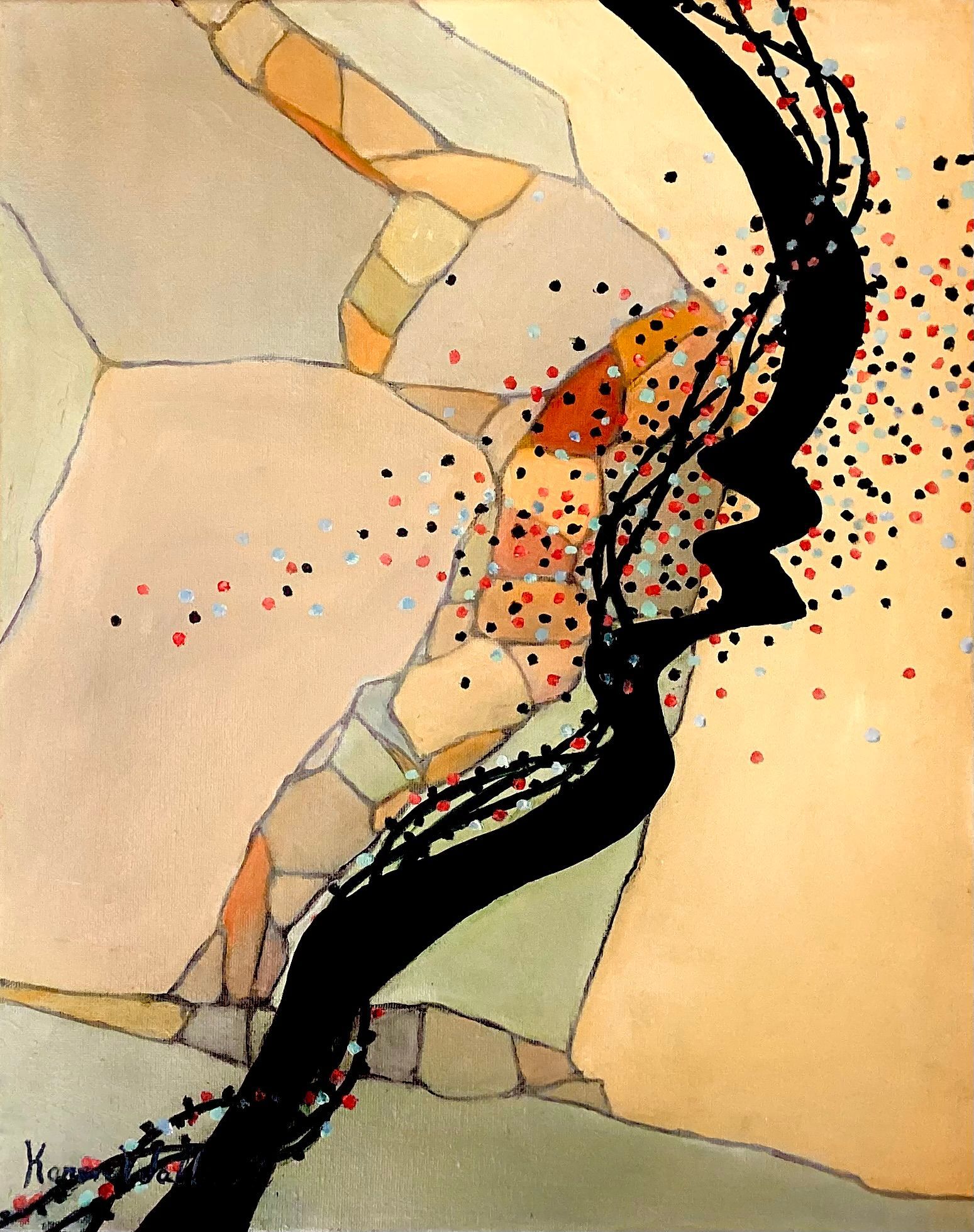 Abstract art: Black silhouette of a face and falling colorful shapes overlaying textured neutral background.