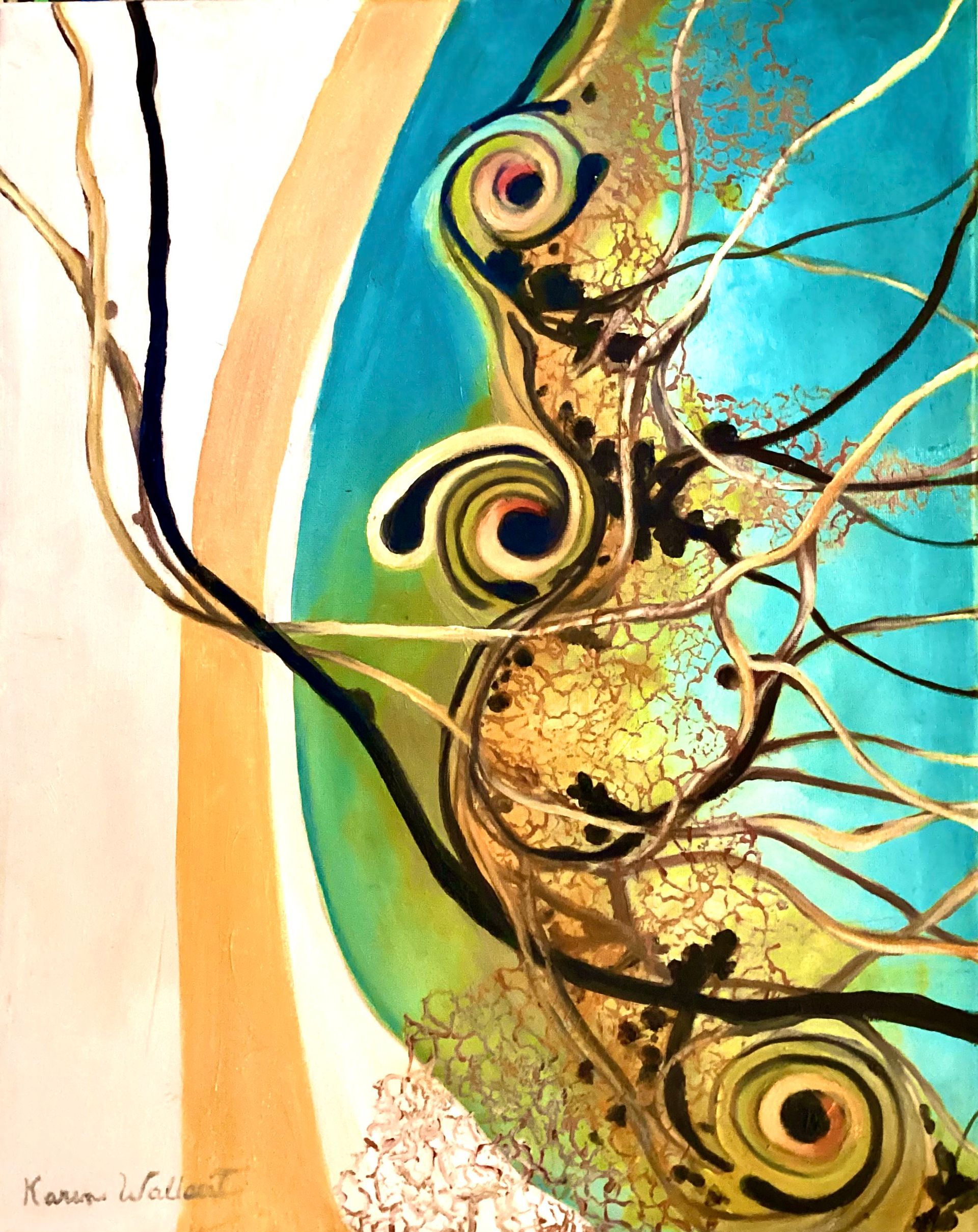 Abstract art with swirls and organic lines in blue, gold, and black.